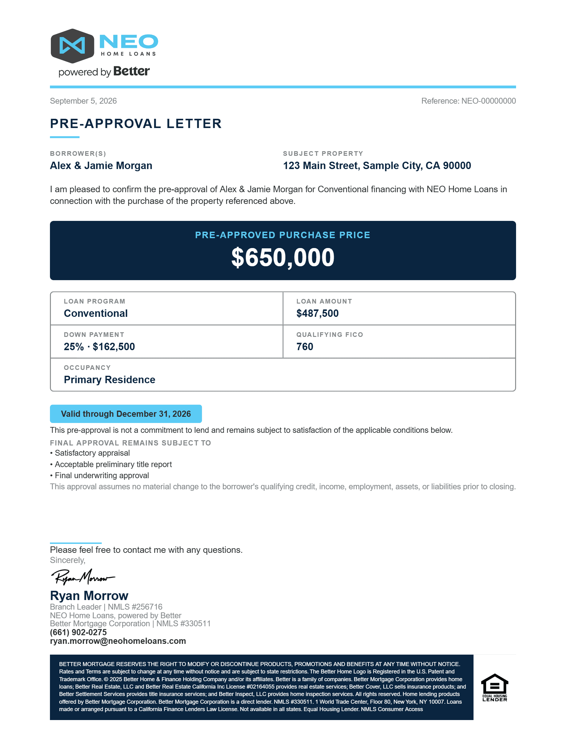 Sample NEO Home Loans pre-approval letter